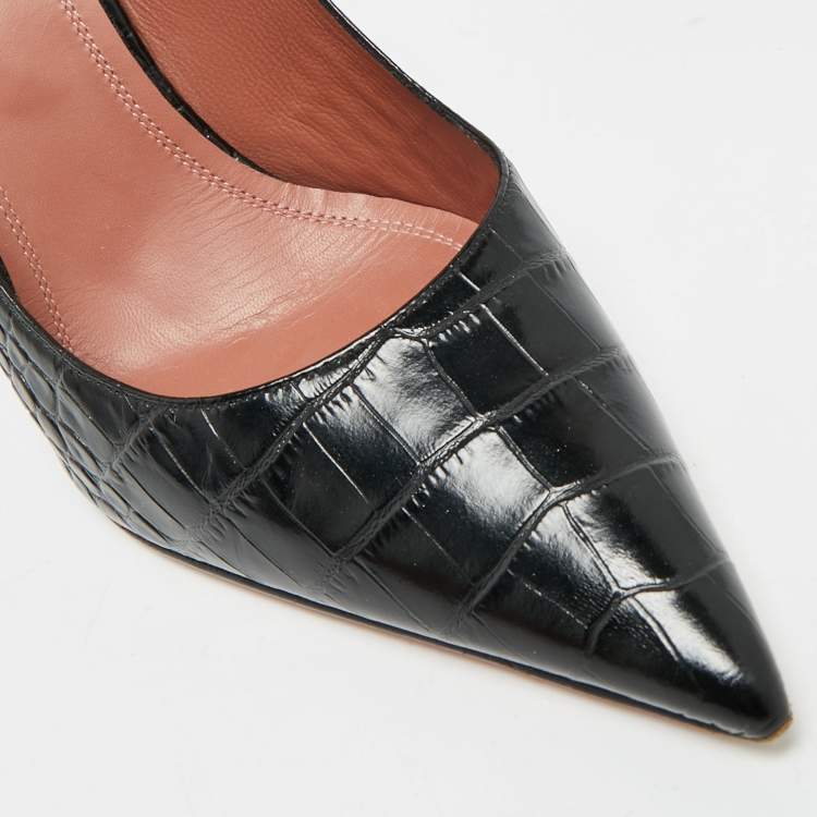 Pre Owned Amina Muaddi Ami Size 39.5 Black Croc Embossed Leather Pumps