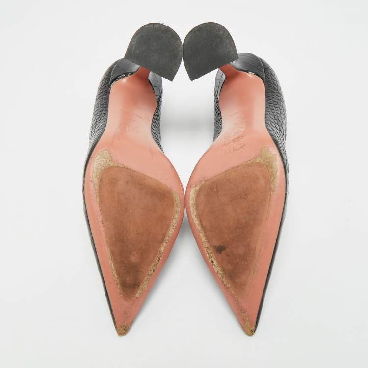 Pre Owned Amina Muaddi Ami Size 39.5 Black Croc Embossed Leather Pumps