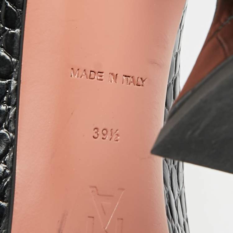 Pre Owned Amina Muaddi Ami Size 39.5 Black Croc Embossed Leather Pumps