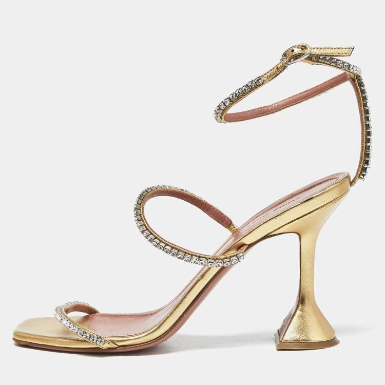 Pre Owned Amina Muaddi Gilda Size 39 Gold Satin Ankle Strap Sandals