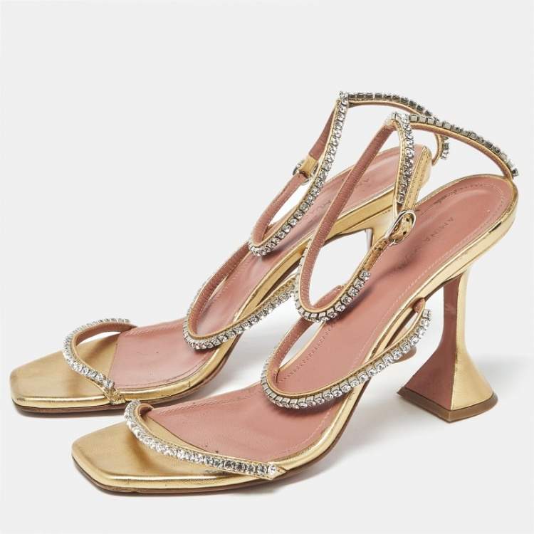 Pre Owned Amina Muaddi Gilda Size 39 Gold Satin Ankle Strap Sandals