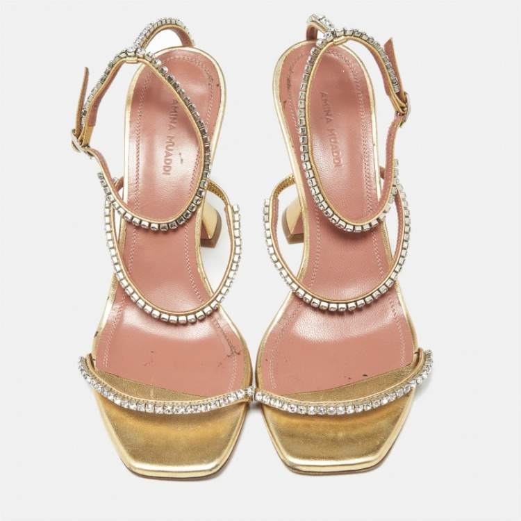 Pre Owned Amina Muaddi Gilda Size 39 Gold Satin Ankle Strap Sandals