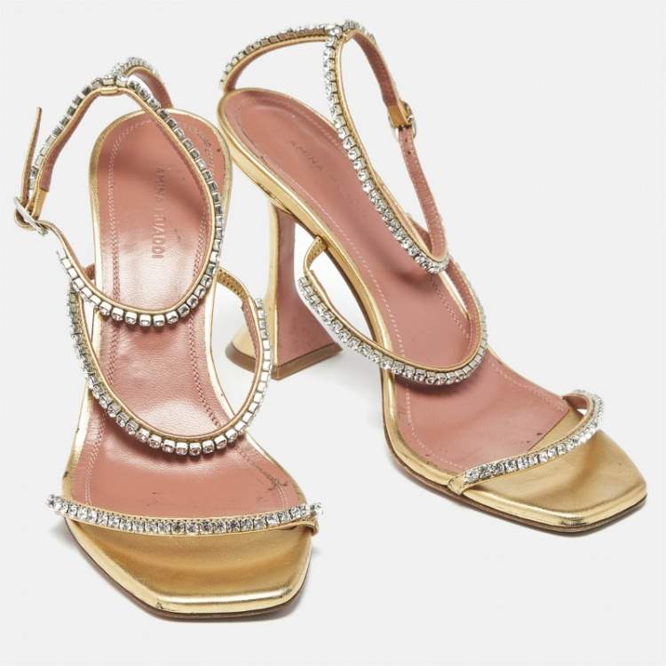 Pre Owned Amina Muaddi Gilda Size 39 Gold Satin Ankle Strap Sandals