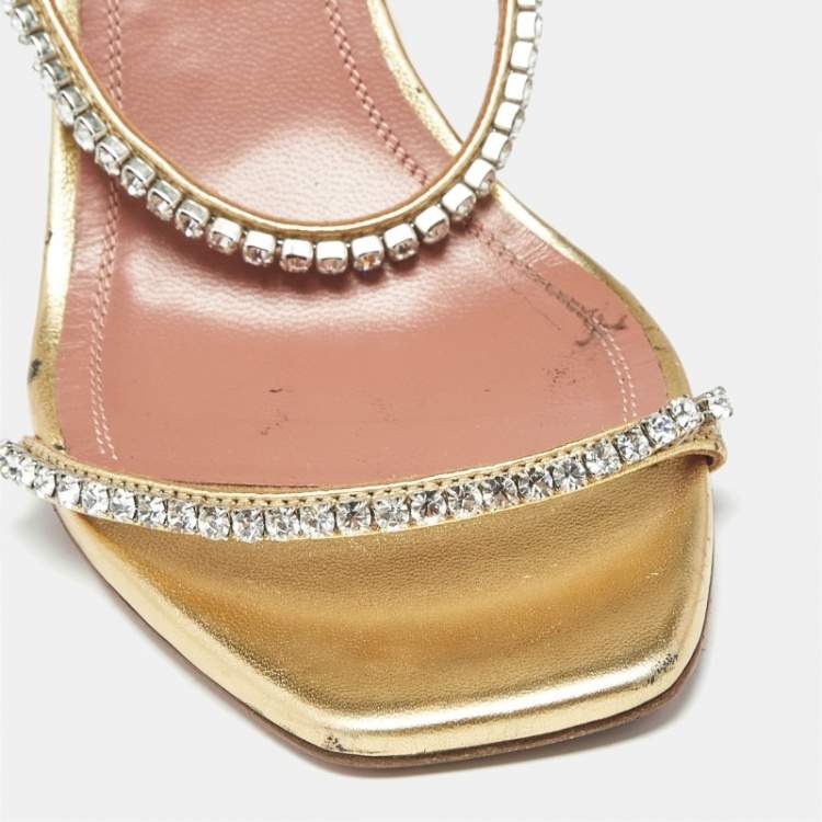 Pre Owned Amina Muaddi Gilda Size 39 Gold Satin Ankle Strap Sandals
