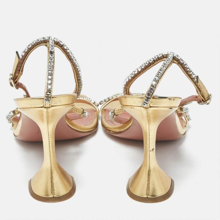 Pre Owned Amina Muaddi Gilda Size 39 Gold Satin Ankle Strap Sandals