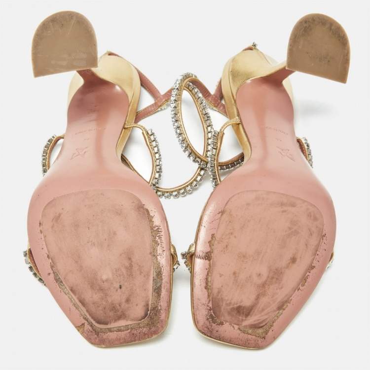 Pre Owned Amina Muaddi Gilda Size 39 Gold Satin Ankle Strap Sandals