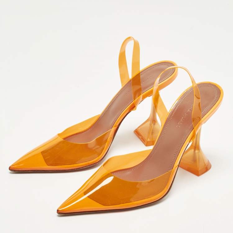 مملوكة مسبقًا Amina Muaddi Holli Glass Size 36.5 Orange PVC Slingback Pumps