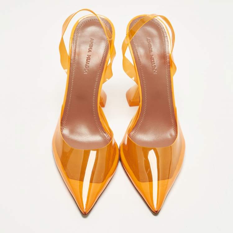 مملوكة مسبقًا Amina Muaddi Holli Glass Size 36.5 Orange PVC Slingback Pumps