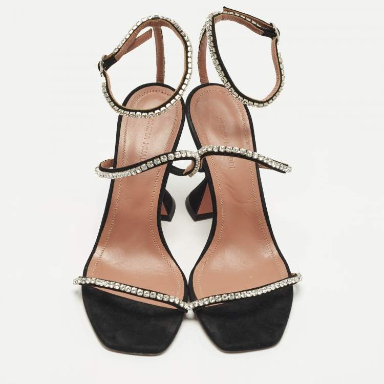 مملوكة مسبقًا Amina Muaddi Gilda Size 37 Black Suede Ankle Strap Sandals