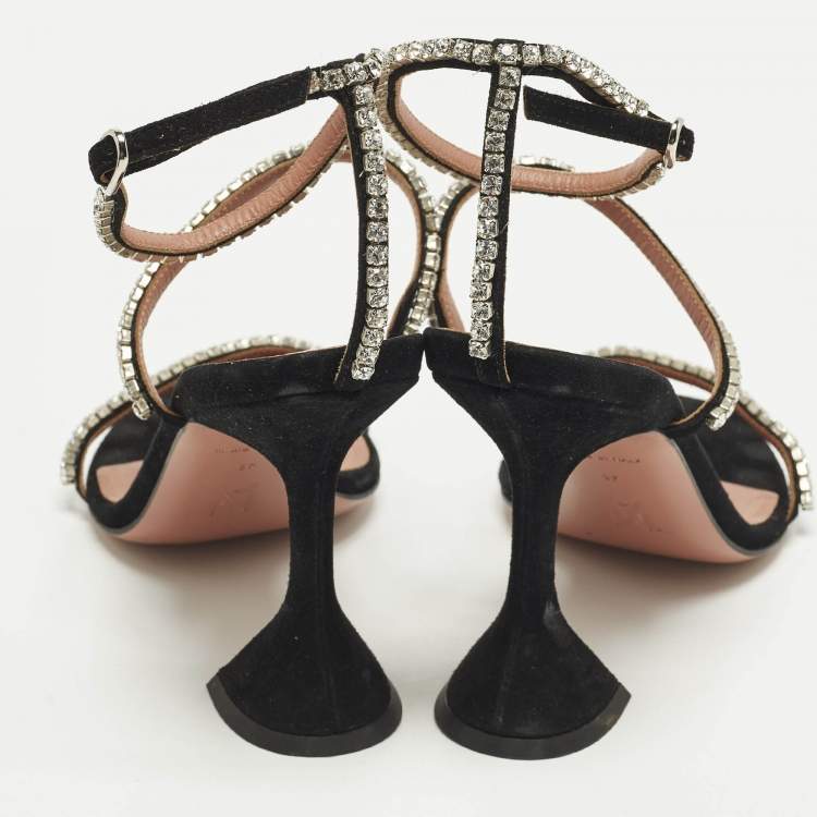 مملوكة مسبقًا Amina Muaddi Gilda Size 37 Black Suede Ankle Strap Sandals