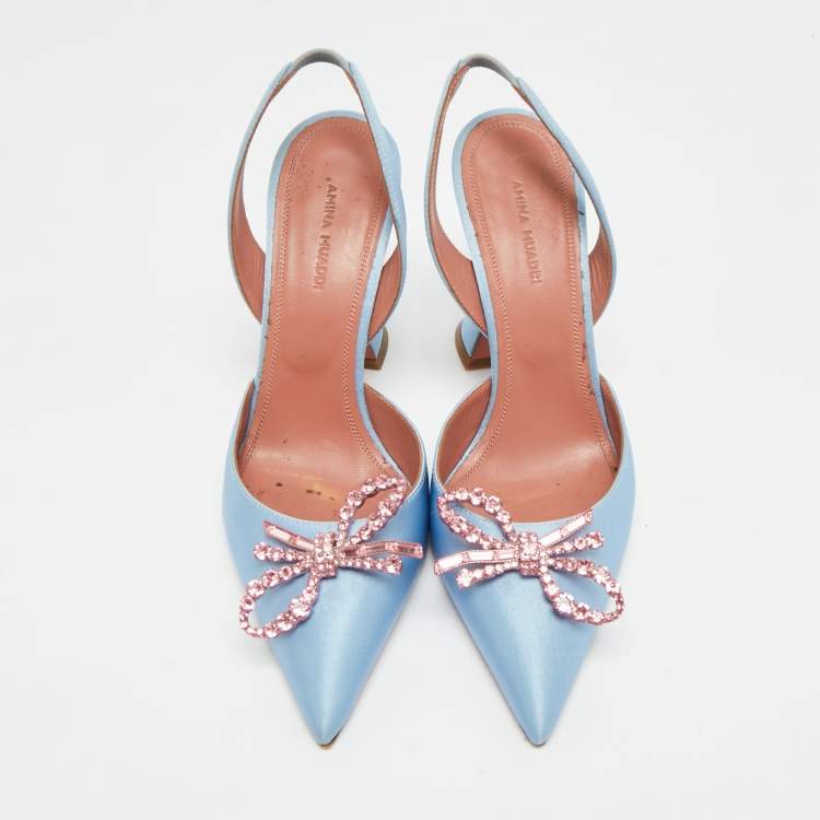 Pre Owned Amina Muaddi Begum Size 38 Blue Satin sSlingback Pumps