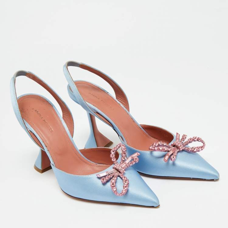 Pre Owned Amina Muaddi Begum Size 38 Blue Satin sSlingback Pumps