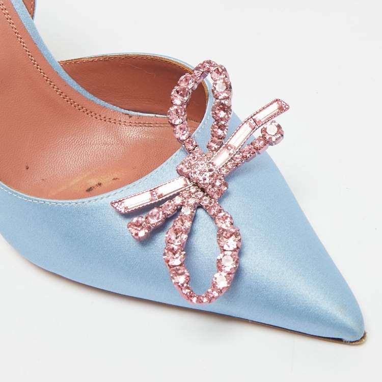 Pre Owned Amina Muaddi Begum Size 38 Blue Satin sSlingback Pumps