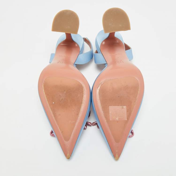 Pre Owned Amina Muaddi Begum Size 38 Blue Satin sSlingback Pumps