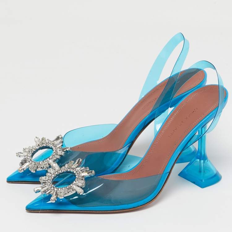 Pre Owned Amina Muaddi Begum Size 37 Blue PVC Slingback Pumps