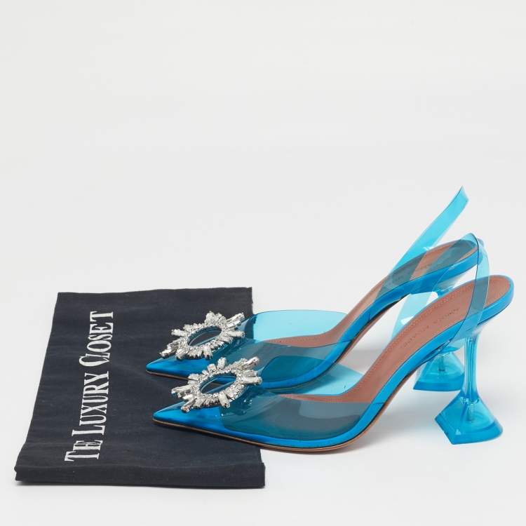 Pre Owned Amina Muaddi Begum Size 37 Blue PVC Slingback Pumps