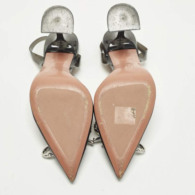 Pre Owned Amina Muaddi Rosie Size 37.5 Black PVC Slingback Pumps