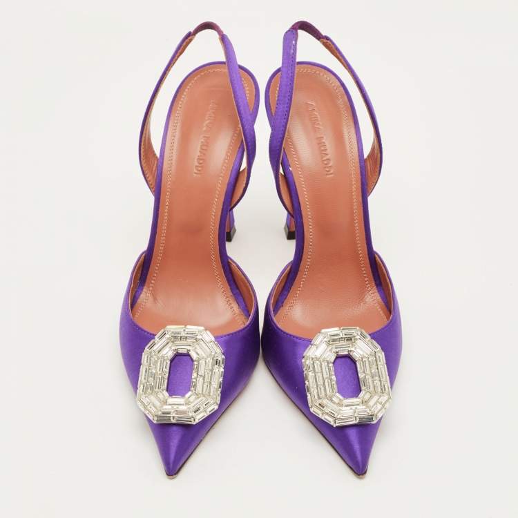 مملوكة مسبقًا Amina Muaddi Begum Size 37 Purple Satin Slingback Pumps