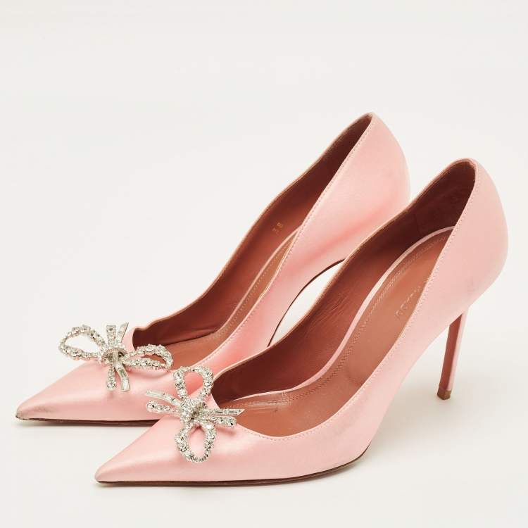 Pre Owned Amina Muaddi Rosie Size 38 Pink Satin Crystal Embellished Pumps