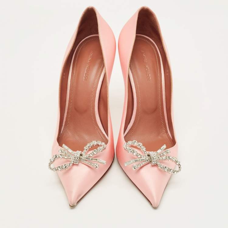 Pre Owned Amina Muaddi Rosie Size 38 Pink Satin Crystal Embellished Pumps