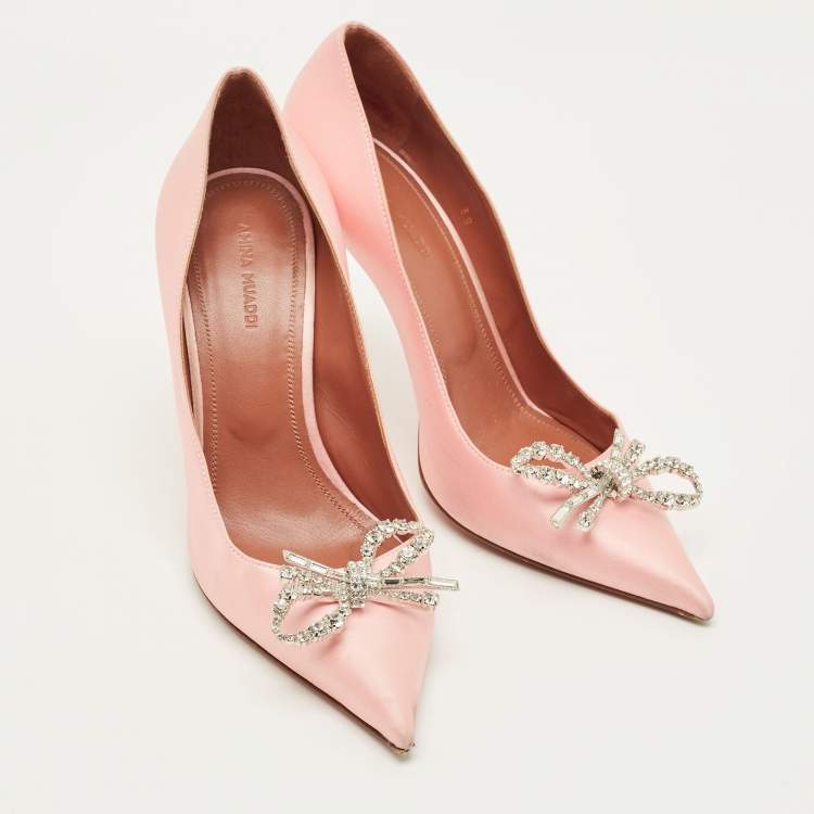 Pre Owned Amina Muaddi Rosie Size 38 Pink Satin Crystal Embellished Pumps