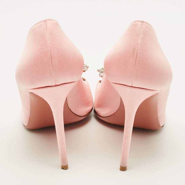 Pre Owned Amina Muaddi Rosie Size 38 Pink Satin Crystal Embellished Pumps