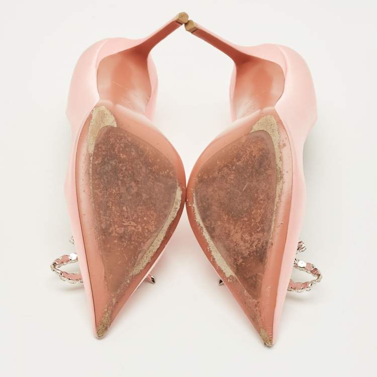 Pre Owned Amina Muaddi Rosie Size 38 Pink Satin Crystal Embellished Pumps