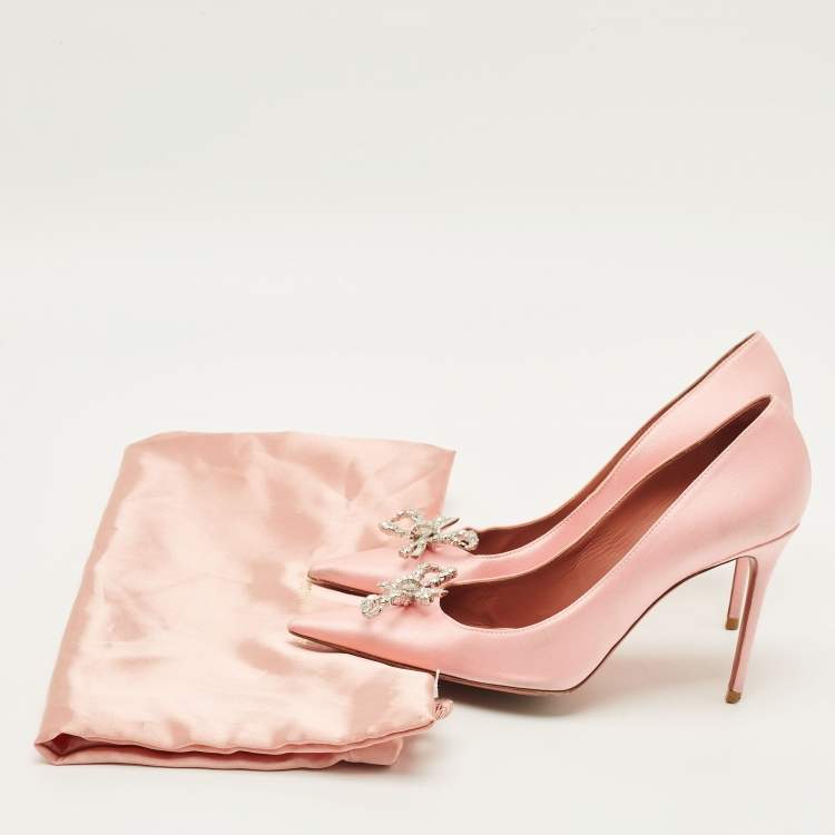 Pre Owned Amina Muaddi Rosie Size 38 Pink Satin Crystal Embellished Pumps
