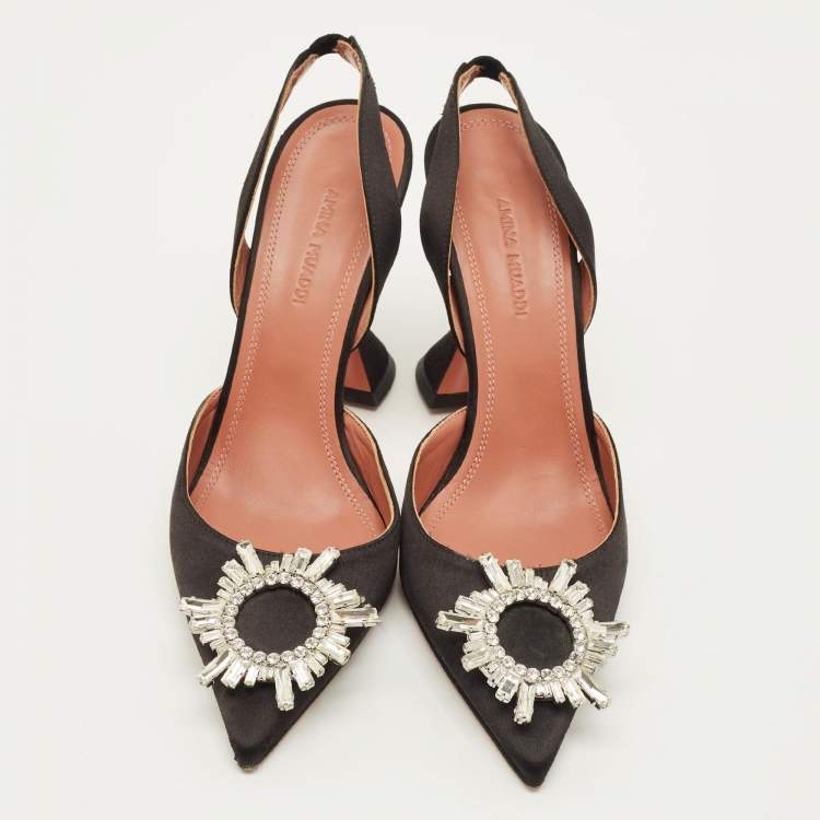 Pre Owned Amina Muaddi Begum Size 38.5 Black Satin Slingback Pumps
