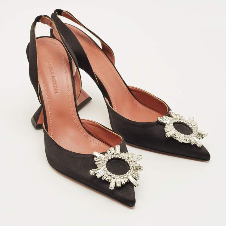 Pre Owned Amina Muaddi Begum Size 38.5 Black Satin Slingback Pumps