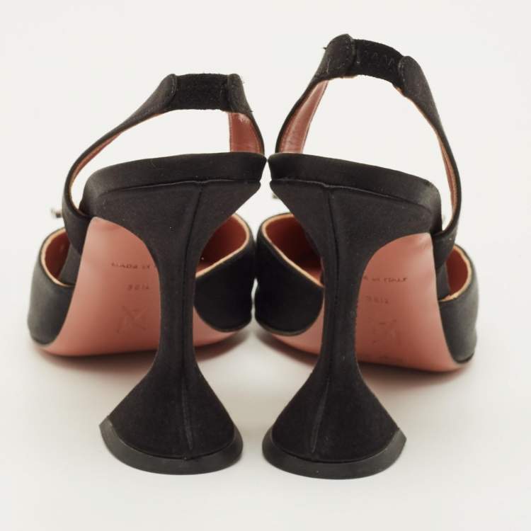 Pre Owned Amina Muaddi Begum Size 38.5 Black Satin Slingback Pumps