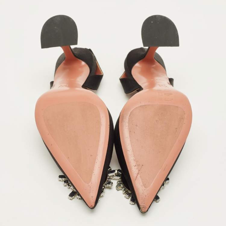 Pre Owned Amina Muaddi Begum Size 38.5 Black Satin Slingback Pumps