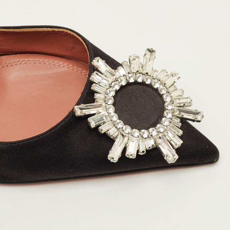 Pre Owned Amina Muaddi Begum Size 38.5 Black Satin Slingback Pumps