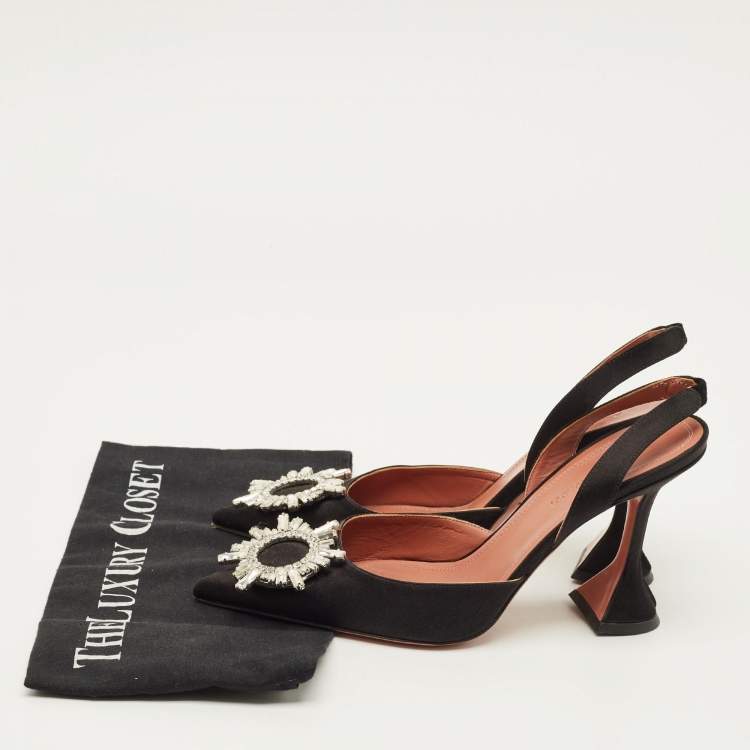 Pre Owned Amina Muaddi Begum Size 38.5 Black Satin Slingback Pumps