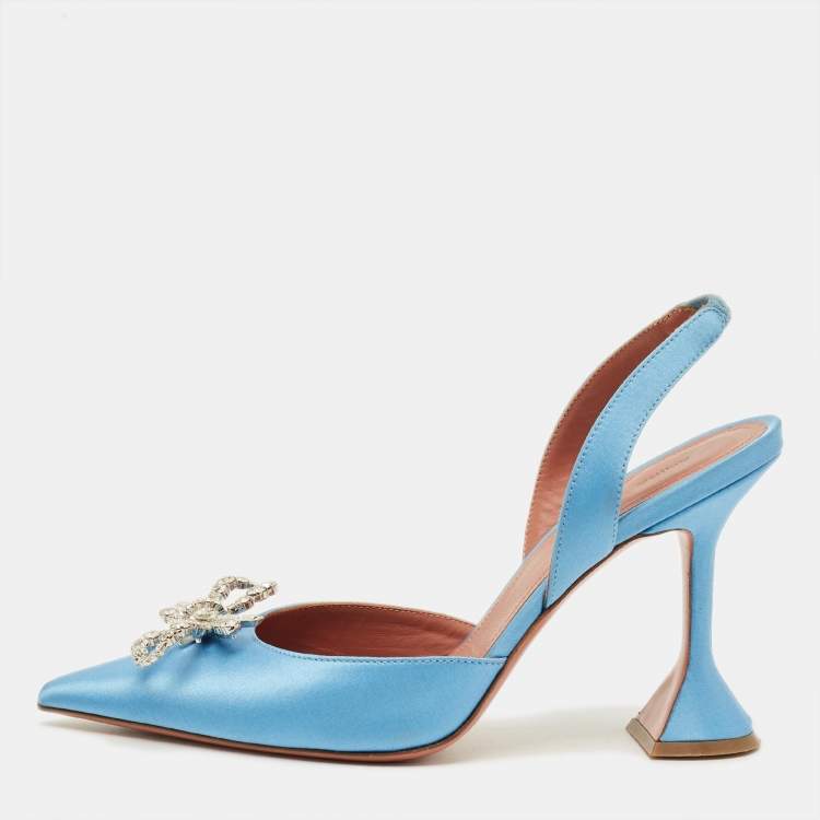 Pre Owned Amina Muaddi Begum Size 38 Blue Satin Slingback Pumps