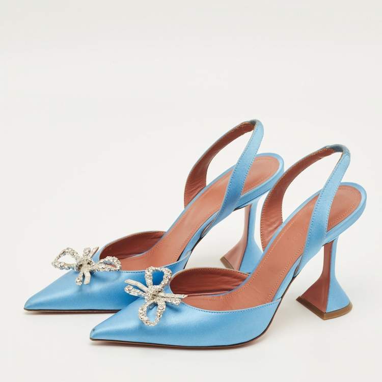 Pre Owned Amina Muaddi Begum Size 38 Blue Satin Slingback Pumps