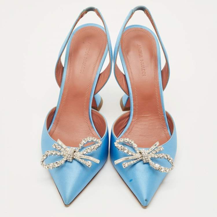 Pre Owned Amina Muaddi Begum Size 38 Blue Satin Slingback Pumps