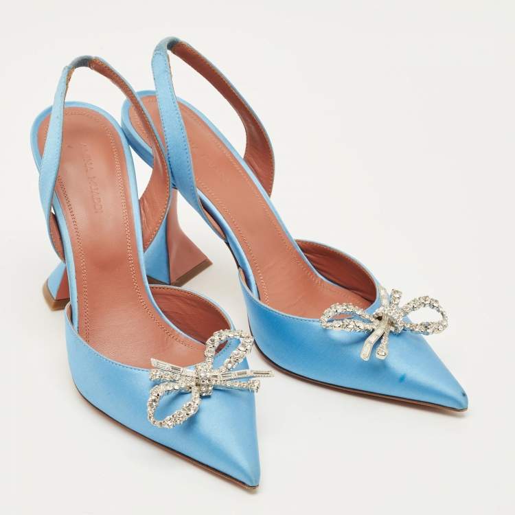 Pre Owned Amina Muaddi Begum Size 38 Blue Satin Slingback Pumps