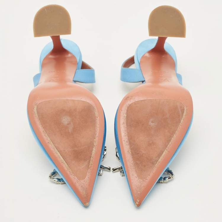 Pre Owned Amina Muaddi Begum Size 38 Blue Satin Slingback Pumps