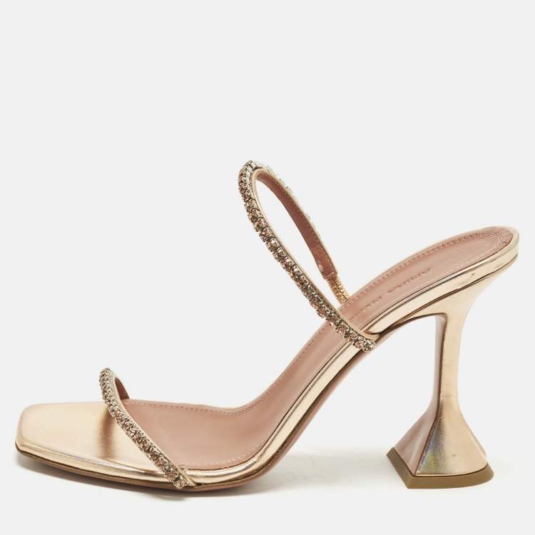 Pre Owned Amina Muaddi Gilda Crystal Embellished Size 37 Rose Gold Leather