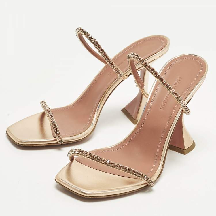 Pre Owned Amina Muaddi Gilda Crystal Embellished Size 37 Rose Gold Leather