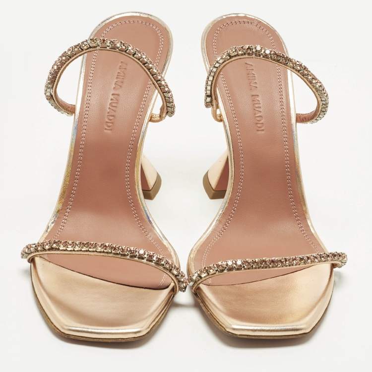Pre Owned Amina Muaddi Gilda Crystal Embellished Size 37 Rose Gold Leather