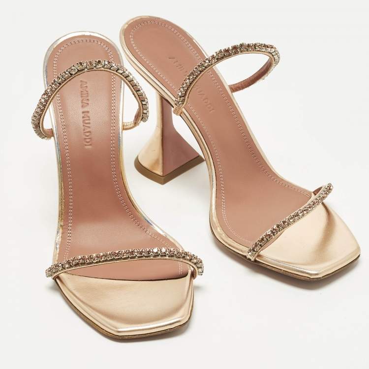 Pre Owned Amina Muaddi Gilda Crystal Embellished Size 37 Rose Gold Leather
