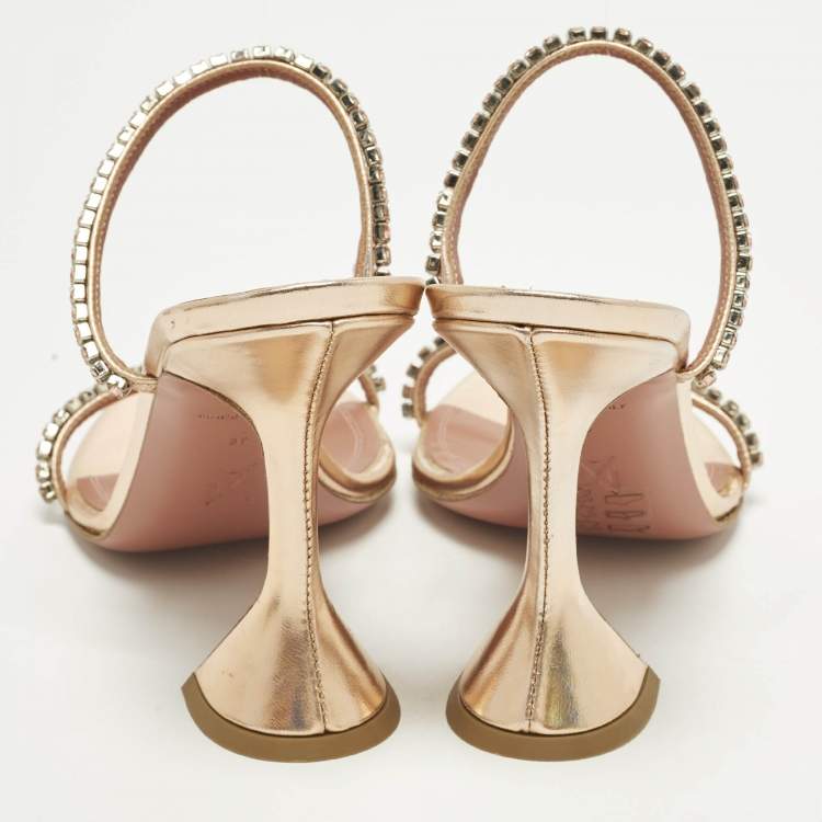 Pre Owned Amina Muaddi Gilda Crystal Embellished Size 37 Rose Gold Leather