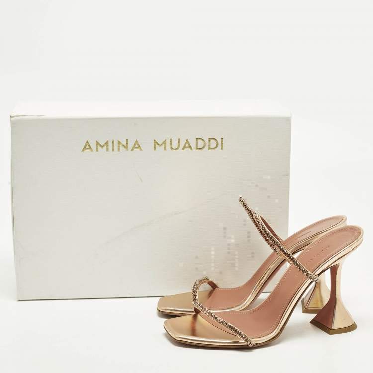Pre Owned Amina Muaddi Gilda Crystal Embellished Size 37 Rose Gold Leather