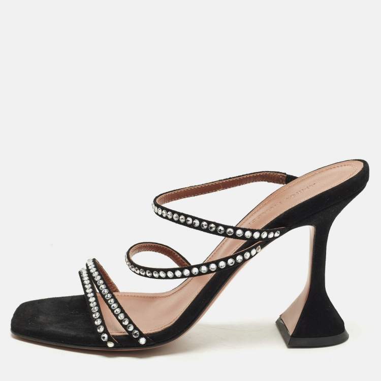 Pre Owned Amina Muaddi Naima Crystal Embellished Size 37.5 Black Suede Slide Sandals
