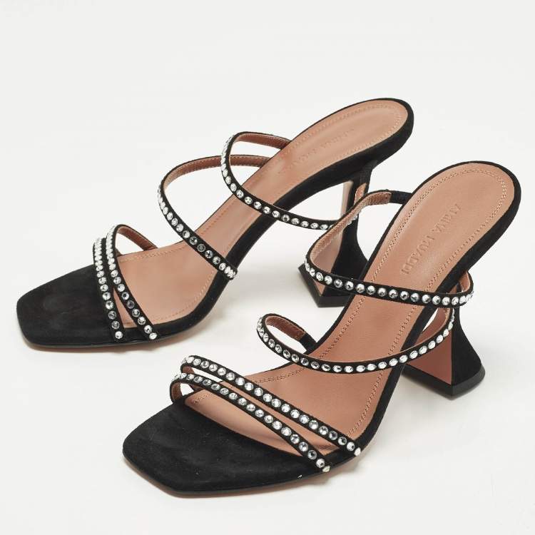Pre Owned Amina Muaddi Naima Crystal Embellished Size 37.5 Black Suede Slide Sandals