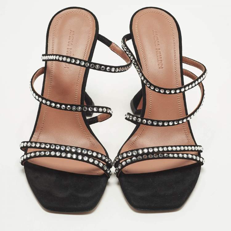 Pre Owned Amina Muaddi Naima Crystal Embellished Size 37.5 Black Suede Slide Sandals
