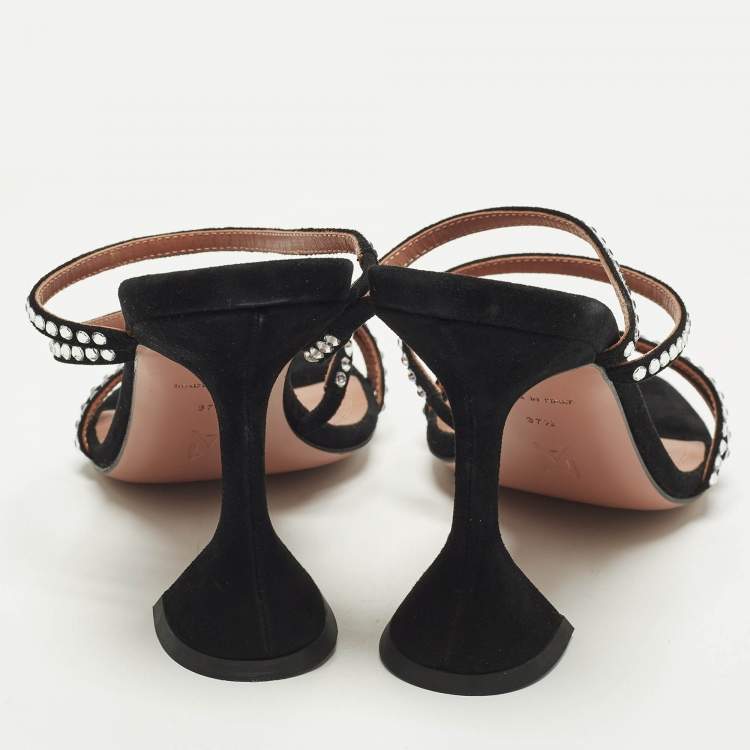 Pre Owned Amina Muaddi Naima Crystal Embellished Size 37.5 Black Suede Slide Sandals
