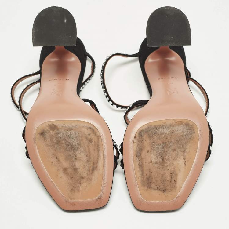 Pre Owned Amina Muaddi Naima Crystal Embellished Size 37.5 Black Suede Slide Sandals